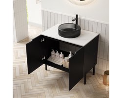 MODENUIT Badkamerwastafel - Vrijstaand Wasmeubel Met Dubbele Deuren En Sintersteen Blad - Zwart Wit - 76 Cm
