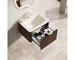 MODENUIT Badkamerwastafelmeubel - Wastafel Met Lade - Wandmontage - Gesinterde Steen - 60x46 Cm - Beige