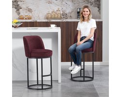 MODENUIT Barkruk 46,5 x 49,5 x 88,5 cm - Set van 2 met Rugleuning en Voetensteun - Linnen Wijnrood