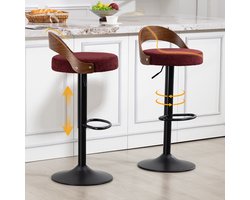 MODENUIT Barstoel - Set van 2 - 360° Draaibaar en Hoogteverstelbaar - Voor Keuken, Café en Bar - Linnen Wijnrood