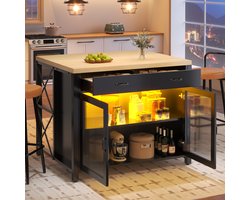 MODENUIT Bartafelset 100 x 80 x 90 cm - Met 4 Barkrukken En Glazen Deur - Voor Keuken En Eethoek - MDF En Metaal - Zwart