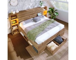 MODENUIT Bed van hout en metaal 180x200 cm – Hoofdbord met led en usb-c – Open vakken en 2 lades – Zonder matras – Eiken