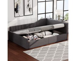 MODENUIT Bedbank 140x200 cm – Zonder matras – Met opbergruimte onder bed – Rugleuning en armleuning – Linnen – Grijs