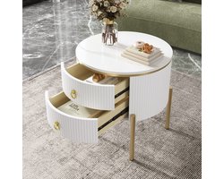 MODENUIT Bijzettafel - 2 Laden En Verstelbare Poten - Voor Woonkamer En Slaapkamer - MDF Wit En Goud - 50x51 Cm