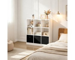 MODENUIT Boekenkast – 80 x 86,5 x 30 cm – Met 3 Stoffen Lades – Hout en Stof – Wit Zwart – Vrijstaand