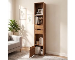 MODENUIT Boekenkast - Smal Hoog Opbergmeubel Met 2 Lades En Deur - Hout - Bruin - 30x157,5x24 Cm