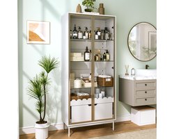 MODENUIT Buffetkast - Glazen Deuren En Verstelbare Planken - Voor Woonkamer - MDF - Wit En Goud - 75x35x170,8 Cm