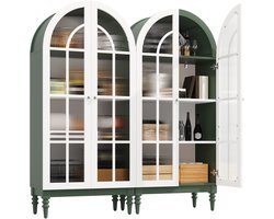 MODENUIT Buffetkast - Set Van 2 - 76 x 38,5 x 165 cm - Geribbeld Glas, 3 Planken - Voor Thuis - MDF Groen Wit