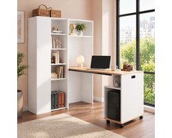 MODENUIT Bureau - Klapbaar 2-in-1 Met Boekenrek En USB - Voor Homeoffice - MDF - Wit - 104,5x30,5x160 Cm