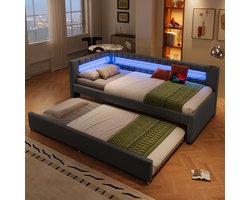 MODENUIT Dagbed 90x200 cm – Uitschuifbaar Bed met Led-licht, Usb en Usb-c – Zonder matras – Linnen en Mdf – Grijs