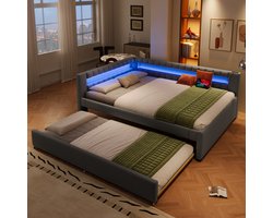 MODENUIT Daybed 140x200 cm – Met Uitschuifbed en Led-lichtstrip – Usb en Usb-c – Zonder matras – Linnen en Mdf – Grijs