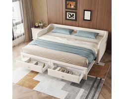 MODENUIT Daybed 90x200 cm – Zonder matras – Uitschuifbaar onderschuifbed – 2 lades – Eenpersoonsbed – Linnen en MDF – Beige