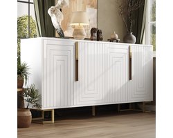 MODENUIT Dressoir - 2 Deuren Met Geometrisch Patroon En 4 Vakken - Voor Woonkamer En Eetkamer - MDF Wit - 152x40x75 Cm