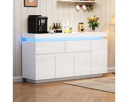 MODENUIT Dressoir - 2 Laden, 4 Deuren En LED - Opbergkast Voor Woonkamer - Hoogglans Wit - 140x35x72,5 Cm