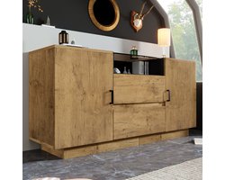 MODENUIT Dressoir - 2 Lades En 2 Kasten Met Open Vak - Voor Woonkamer En Hal - Hout En Glas - 140x40x70 Cm