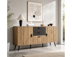 MODENUIT Dressoir - 2 Lades En 3 Deuren - Voor Woonkamer En Eetkamer - MDF - Zwart En Houtkleur - 140x35x67 Cm