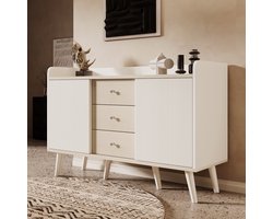 MODENUIT Dressoir - 2 Schuifdeuren En 3 Laden - Voor Woonkamer, Eetkamer En Hal - MDF Wit/Hout - 117,5x39,5x79 Cm