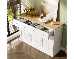 MODENUIT Dressoir - 3 Deuren En 2 Laden Met Reliëf - Woonkamer En Hal - Spaanplaat Wit/Houtkleur - 120x36x80,5 cm