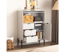 MODENUIT Dressoir - 3 Laden, Deur En Glazen Deur - Voor Keuken, Eetkamer En Hal - Spaanplaat - Wit - 85x40x120 Cm