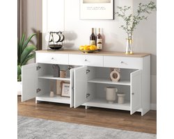 MODENUIT Dressoir - 4 Deuren En 3 Laden Voor Woonkamer En Eetkamer - MDF In Wit En Houtkleur - 160x37x75 Cm