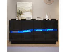 MODENUIT Dressoir - 4 Deuren Met Ledlicht - Voor Woonkamer En Eetkamer - Spaanplaat - Zwart - 140x35x70 Cm