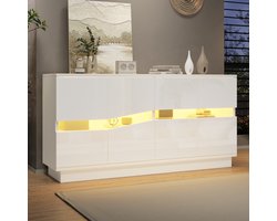 MODENUIT Dressoir - 4 Deuren Met Ledverlichting - Voor Eetkamer En Hal - Spaanplaat - Wit - 140x35x70 Cm