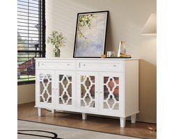 MODENUIT Dressoir - 4 Spiegeldeuren En 2 Laden - Opbergkast Voor Woonkamer En Hal - MDF - 140x40x83 Cm - Wit