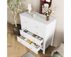 MODENUIT Dressoir - 5 Lades Met Structuurfronten - Voor Woonkamer Of Hal - Spaanplaat Wit - 79x80,5x39,5 Cm