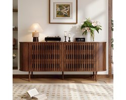 MODENUIT Dressoir - 6 Lades Met Lamellen Design - Voor Woonkamer En Hal - MDF En Metaal - 160x40x70 Cm - Walnoot