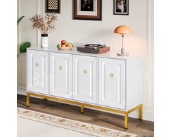 MODENUIT Dressoir - Hoogglans Opbergkast Met Planken En Deuren - Voor Woonkamer En Hal - Wit En Goud - 140x40x80 Cm