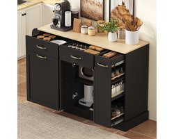 MODENUIT Dressoir - Met Afvalvak En Open Rek - Voor Keuken En Eetkamer - MDF Zwart Met Houtkleur - 133,5x40x86 Cm