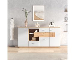 MODENUIT Dressoir - Met Ledverlichting, 2 Deuren En 4 Laden - Voor Woonkamer - MDF Wit En Houtkleur 160x40x77 Cm