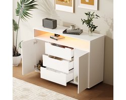 MODENUIT Dressoir - Met Open Vak, 3 Laden, 2 Deuren En LED - Voor Woonkamer Of Kantoor - Wit Hout - 120x40x85 cm