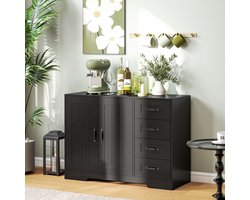 MODENUIT Dressoir - Modern Design - Zwart Hout - 4 Laden En 1 Kast - Voor Woonkamer En Eetkamer - 105x40x76 Cm
