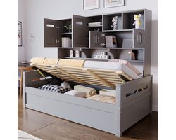 MODENUIT Eenpersoonsbed 90x200 cm – Hydraulisch bed met opbergruimte – Hoofdbord met kasten – Zonder matras – Grijs