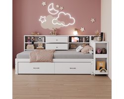 MODENUIT Eenpersoonsbed 90x200 cm – Uitschuifbaar Bureau en Usb-Aansluitingen – Opbergruimte en 2 Lades – Zonder matras – Hout – Wit