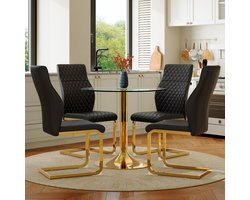MODENUIT Eetkamerset 85 cm - Ronde Tafel Van Gehard Glas Met 4 Stoelen - Voor Eetkamer En Horeca - Glas Metaal - Zwart Goud