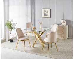 MODENUIT Eetkamerstoel - Hoge Rugleuning - Set van 4 - Voor Eetkamer En Kaptafel - Metaal En Fluweel Goud