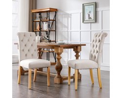 MODENUIT Eetkamerstoel - Set van 2 - Gebogen Rugleuning Met Knopen - Voor Eetkamer En Lounge - Fluweel Beige