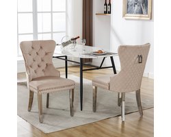 MODENUIT Eetkamerstoel - Set van 2 - Gecapitonneerde Zitting en Metalen Poten - Voor Eetkamer - Fluweel Beige