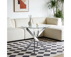 MODENUIT Eettafel - Glazen Tafelblad Met Metalen Poten - Voor Keuken En Eethoek - Zilver - Rond Model