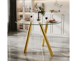 MODENUIT Eettafel - Rond Model Van Gehard Glas Met Metalen Poten - Voor Woonkamer En Eetkamer - Goud - 89 Cm