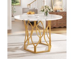 MODENUIT Eettafel - Rond Tafelblad Voor Eetkamer En Woonkamer - MDF En Metaal Wit Goud - 100x100x76 Cm