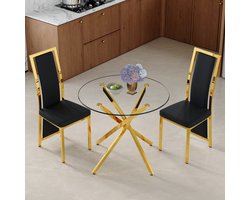 MODENUIT Eettafelset 88 cm - Ovale Glazen Tafel Met 2 Stoelen - Voor Eetkamer En Keuken - Glas Metaal PU - Zwart Goud