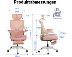 MODENUIT Ergonomische Bureaustoel 102-129 cm - Klapbaar Met Hoofdsteun En Voetensteun - Kantoor - Schuim Roze
