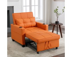 MODENUIT Fauteuil 87 x 74 x 84 cm - 3-in-1 Uitschuifbare Slaapfauteuil met USB en Bekerhouders - Kleine Ruimtes - Hout Metaal Oranje