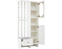 MODENUIT Garderobekast - 2 Kasten, Haken, Schoenbank Voor Hal - Spaanplaat Met Gehard Glas - 85x33,5x200 cm - Wit