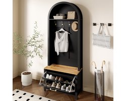 MODENUIT Garderobekast - Met Haken En Schoenenvak - Voor Hal En Entree - MDF Zwart En Houtkleur - 75x35x195 Cm