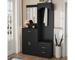 MODENUIT Garderobekast Met Schoenenkast En Spiegel - Opbergruimte Voor Hal En Entree - MDF Zwart - 110x33x185,5 Cm