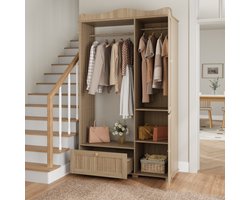MODENUIT Garderobekast - Spiegel En Kledingroede - Voor Slaapkamer En Hal - MDF Eikenkleur - 115,5x38,5x194,5 cm